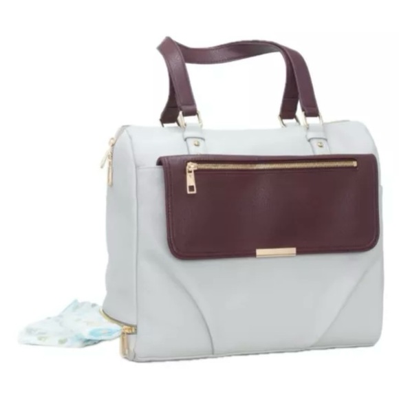 Pretty Pokets Diaper Bag Tote Maroon & White With Bottle Holder - Picture 12 of 13